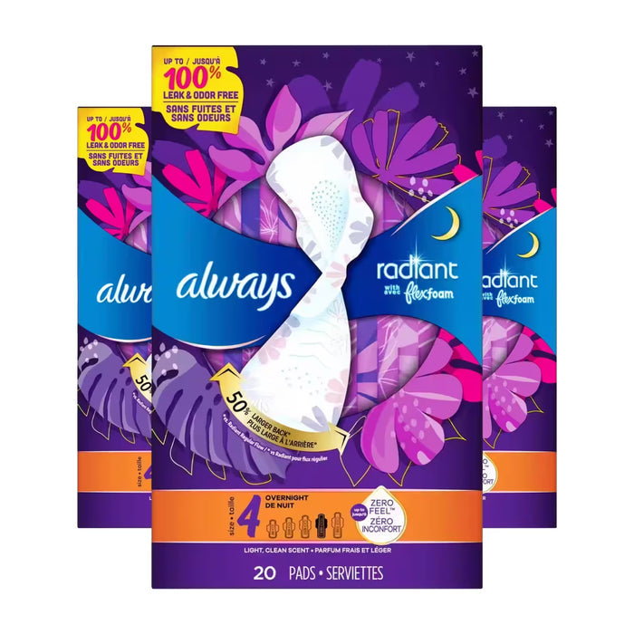 Always Radiant FlexFoam Overnight Pads with Wings, Scented, Size 4  20 Ct – 3 Pack