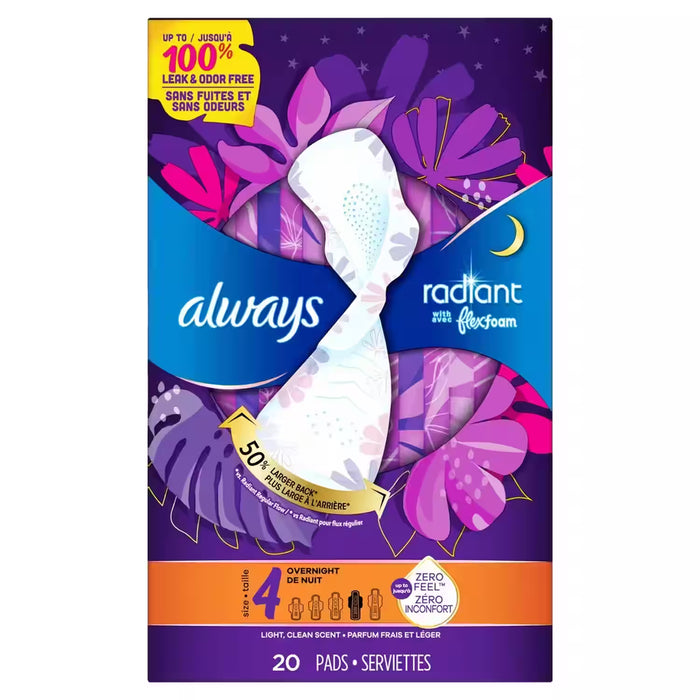 Always Radiant FlexFoam Overnight Pads with Wings, Scented, Size 4  20 Ct – 3 Pack