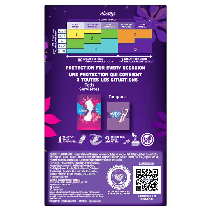 Always Radiant FlexFoam Overnight Pads with Wings, Scented, Size 4  20 Ct – 3 Pack