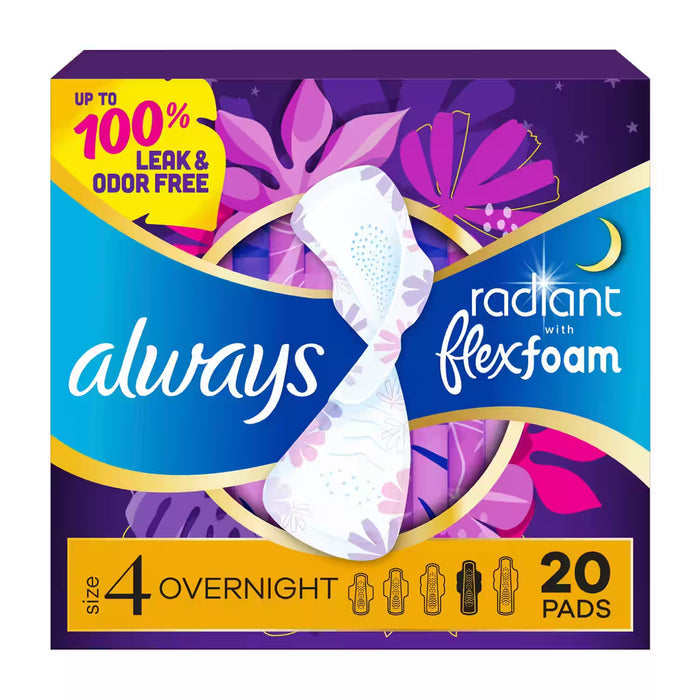 Always Radiant FlexFoam Overnight Pads with Wings, Scented, Size 4  20 Ct – 3 Pack