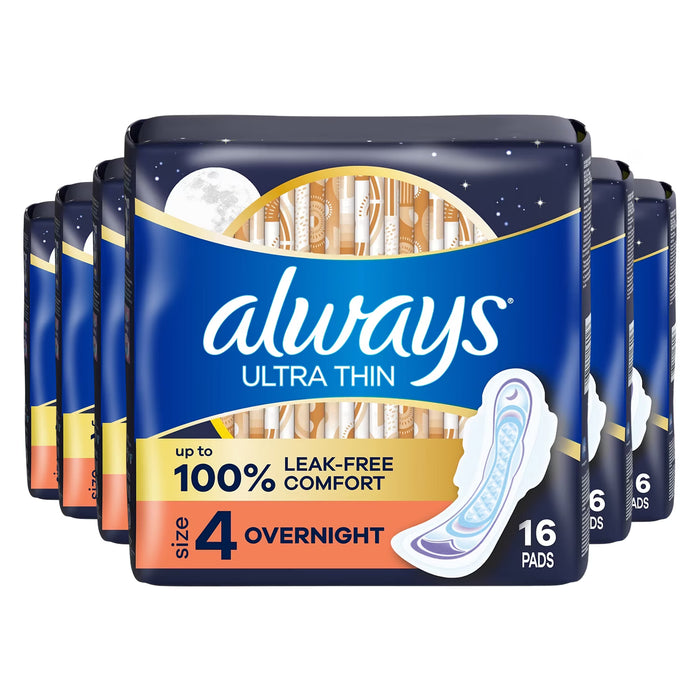 Always Ultra Thin Feminine Pads with Wings Size 4 Overnight Absorbency Unscented - 16 Ct - 6 Pack
