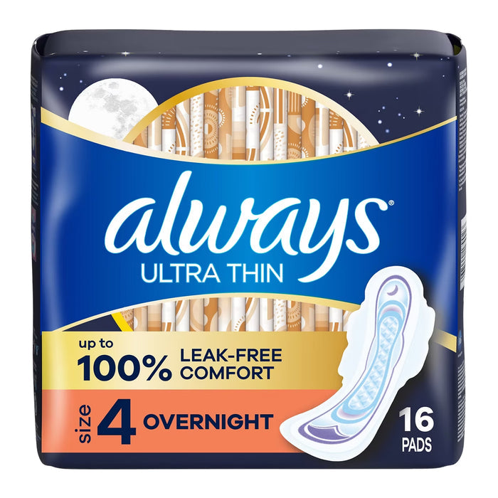 Always Ultra Thin Feminine Pads with Wings Size 4 Overnight Absorbency Unscented - 16 Ct - 6 Pack