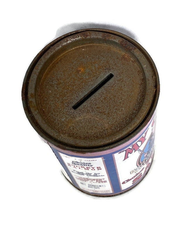 Antique Salmon Tin Can Coin Bank at Duckwells