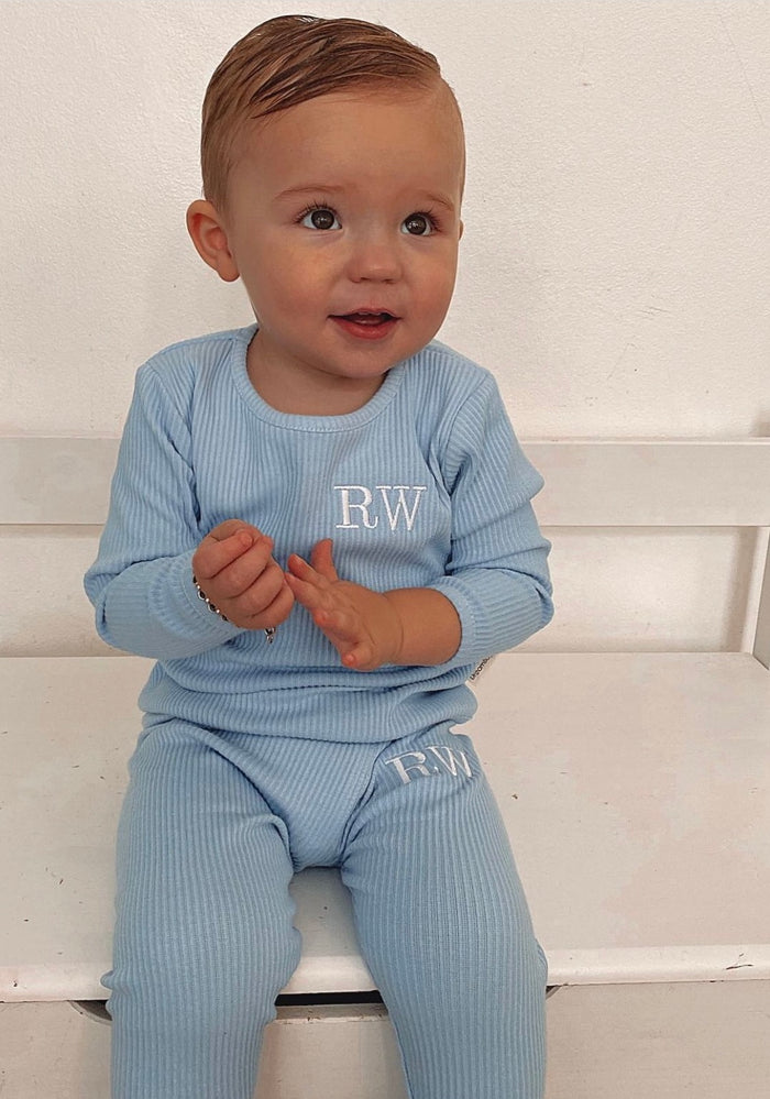 little boy wearing Baby Blue Ribbed Childrens Tracksuit