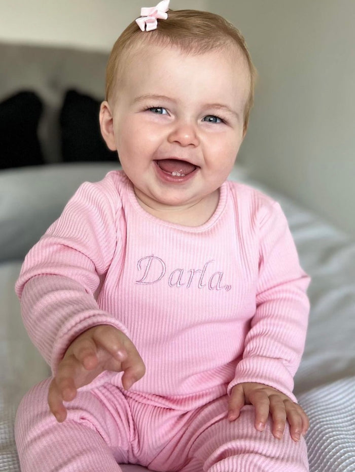 Darla wearing Baby Pink Ribbed Childrens Tracksuit