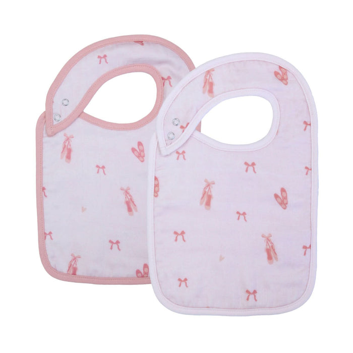 set of pink baby bibs with a ballerina pattern and snaps for adjustment.