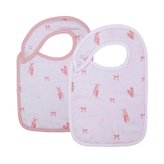 set of pink baby bibs with a ballerina pattern and snaps for adjustment.
