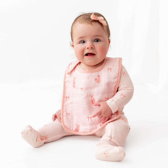 baby wearing pink ballerina bamboo baby bib