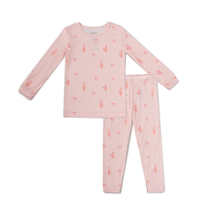 Two-piece bamboo pajama set with pink ballerina print for toddlers and kids