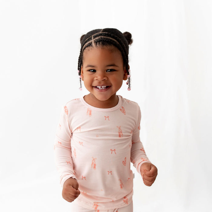 Soft bamboo pajamas with long sleeves and pants featuring ballerina pattern