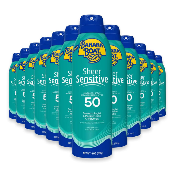 Banana Boat Sheer Sensitive Sunscreen Spray SPF 50 Unscented - 6 oz - 12 Pack