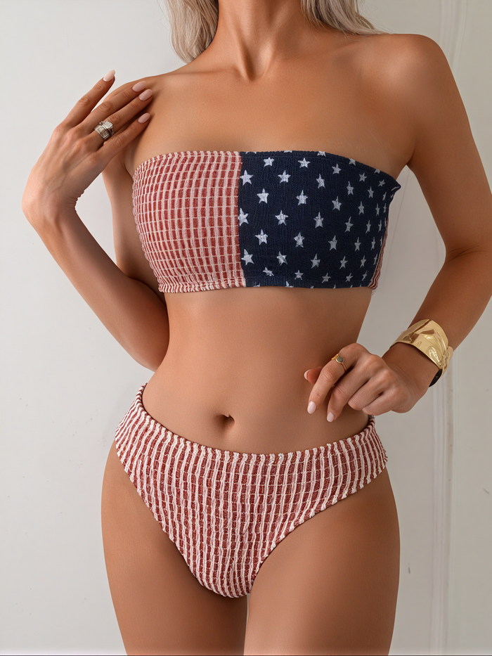 Bikini Set - Women Strapless Two Piece Swimsuits Ribbed Longline Full Coverage Bathing Suits Swimwear