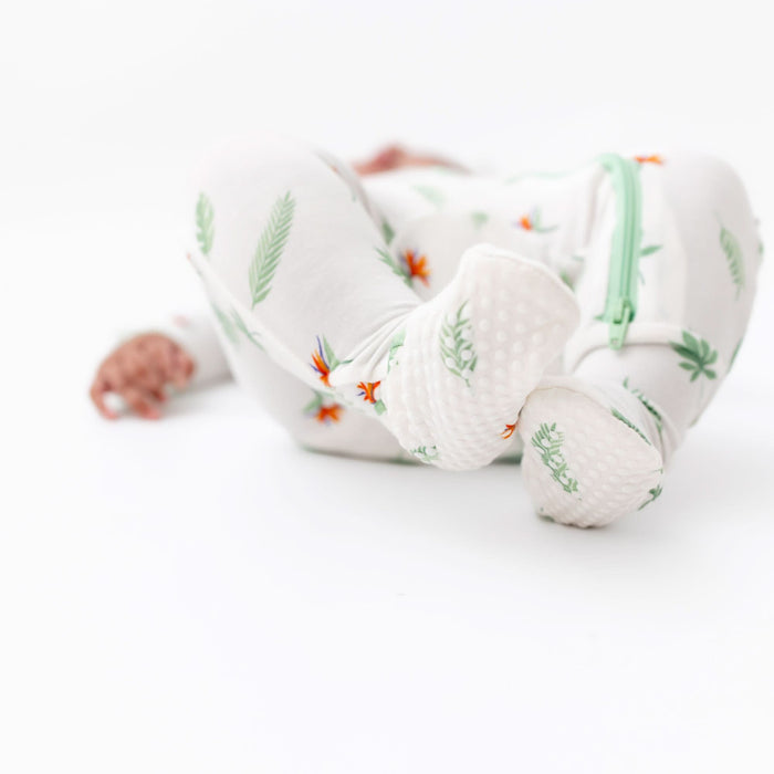 Bird of paradise zippered footie showing zipper detail