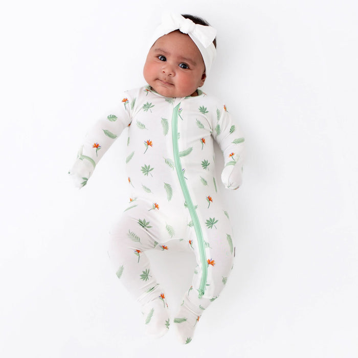 Bird of paradise print bamboo zippered baby footie, front view