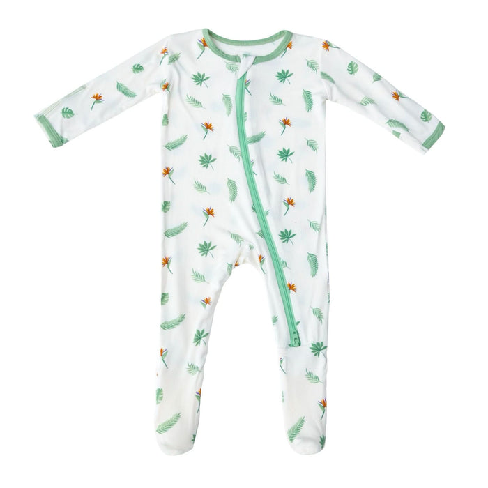 Bird of paradise bamboo footie pajama flat lay