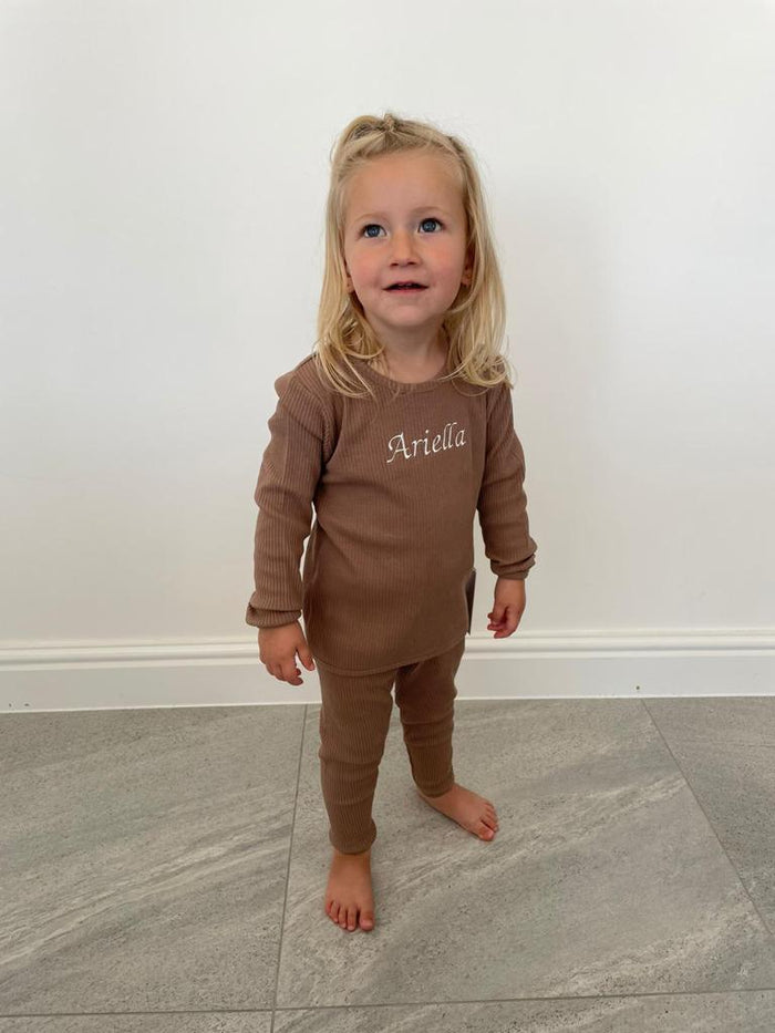 Ariella wearing Biscuit Ribbed Childrens Tracksuit
