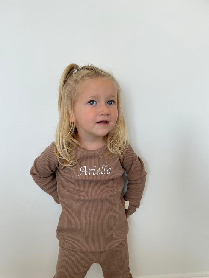 Biscuit Ribbed Childrens Tracksuit worn by Ariella