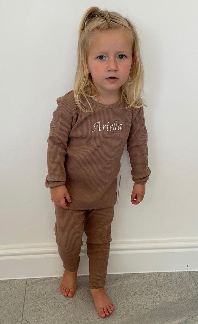 Biscuit Ribbed Childrens Tracksuit worn by a little girl