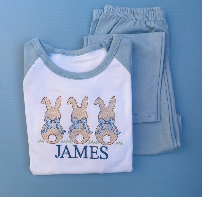 Blue Bow bunnies on Personalised Easter Pyjamas