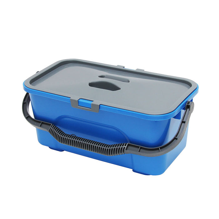 A blue plastic bucket with a gray lid and handle, designed for window cleaning or general purpose use, capable of holding up to 3 gallons.
