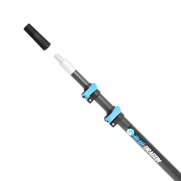 Telescopic carbon fiber pole with blue locking clamps and a black plastic tip.