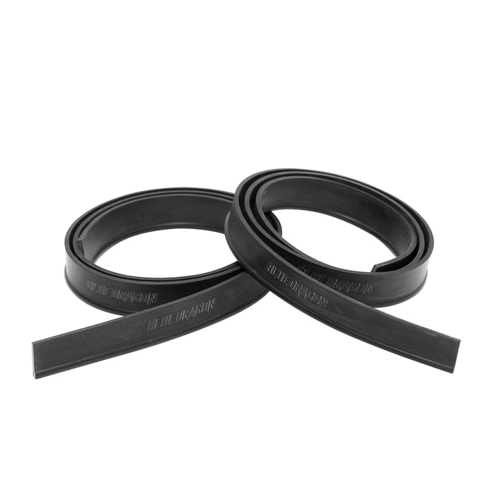Two coiled black rubber squeegee blades designed for window cleaning.