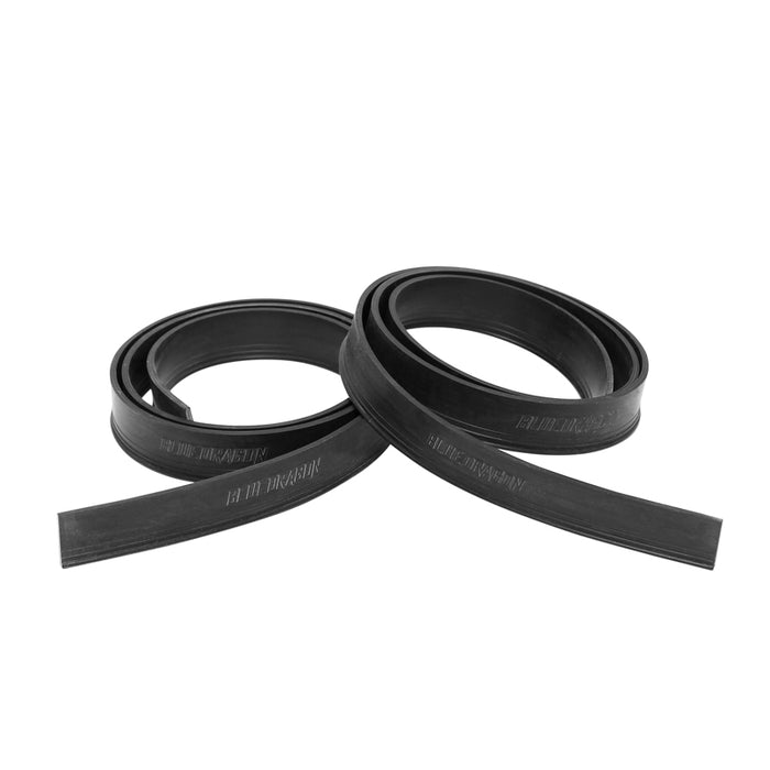 A pair of Blue Dragon black rubber squeegee blades designed for window cleaning, coiled together.