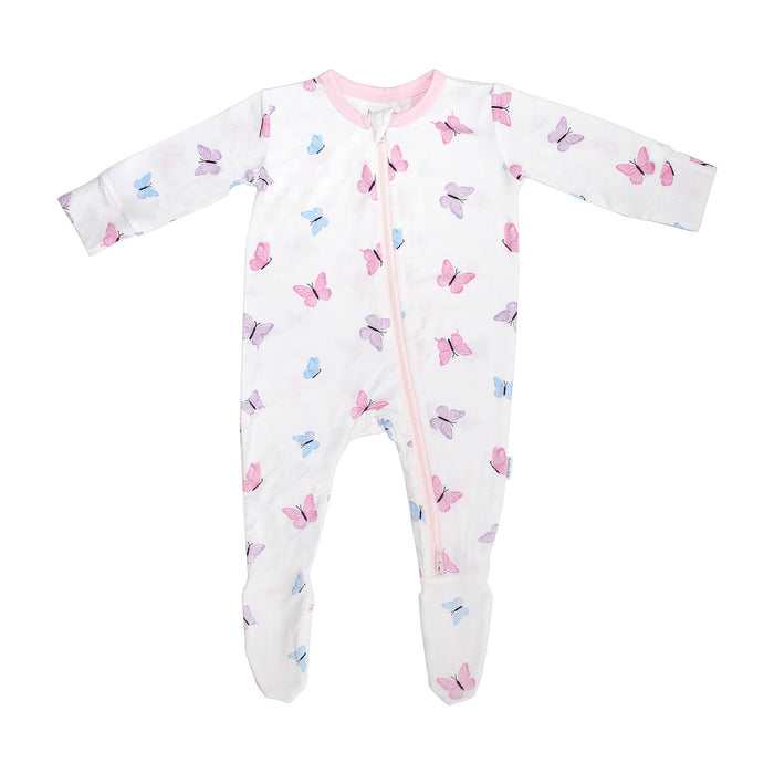 Butterfly print bamboo baby footie flat lay
