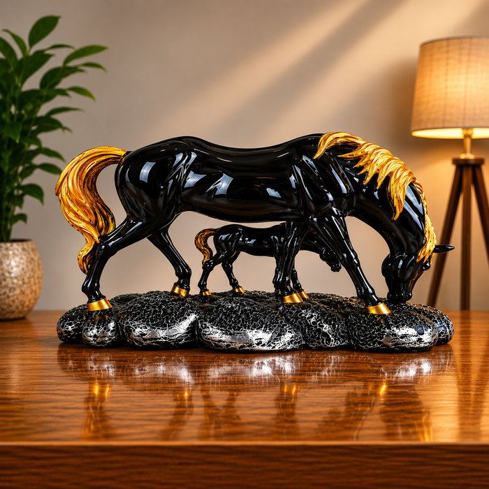 CHIBRO premium resin horse showpiece features a glossy black and gold finish.