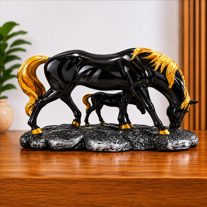 CHIBRO premium resin horse showpiece features a glossy black and gold finish.
