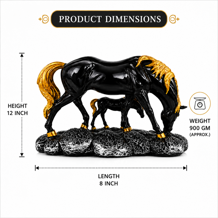 CHIBRO premium resin horse showpiece features a glossy black and gold finish.