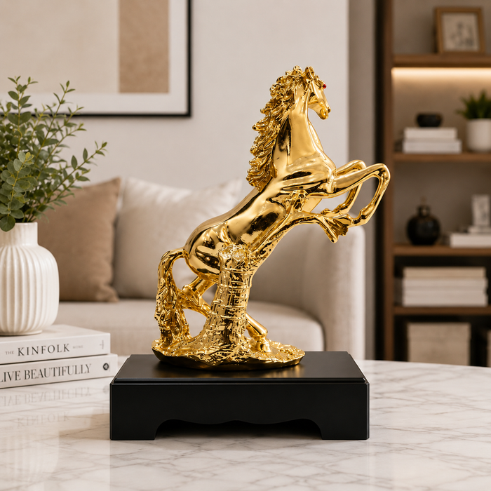 Club Bollywood gold-colored polyresin standing horse statue.