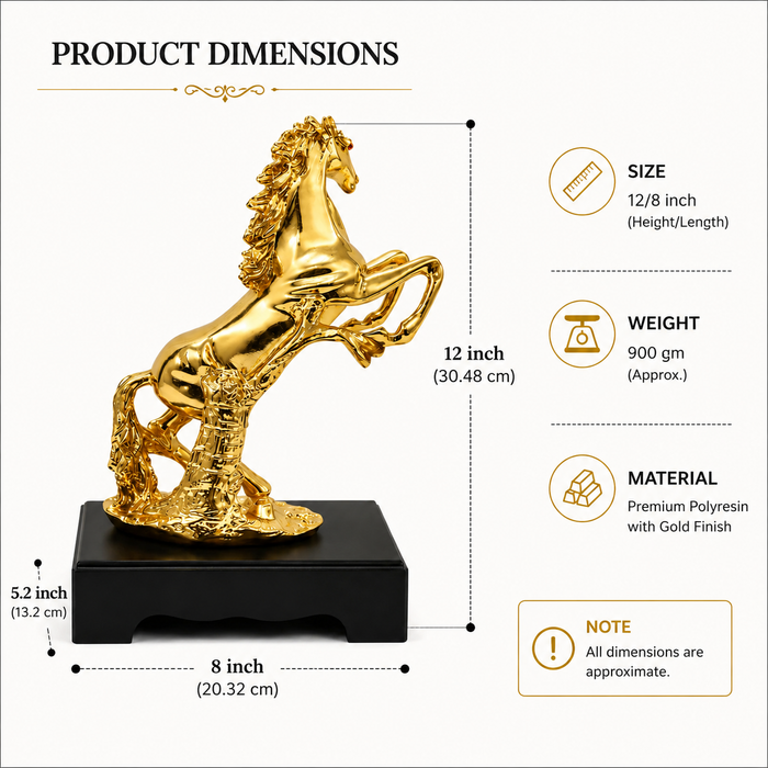 Club Bollywood gold-colored polyresin standing horse statue.