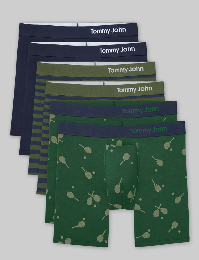 Cool Cotton Mid-Length Boxer Brief 6" (6-Pack)::Navy/Eden Bold Stripe/Eden Crosscourt