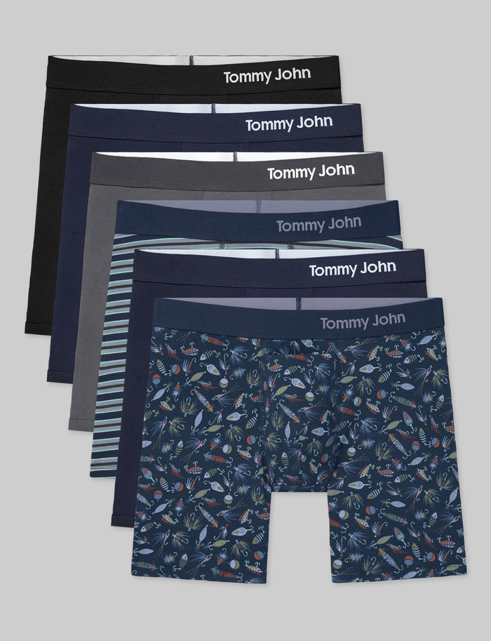 Cool Cotton Mid-Length Boxer Brief 6" (6-Pack)::Black/Navy/Iron Grey/Voyager Stripe/Navy/Fishing Lures