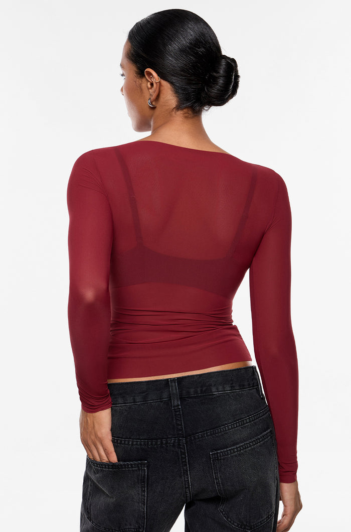 Cosnufy® Mesh Boat Neck Long Sleeve Top