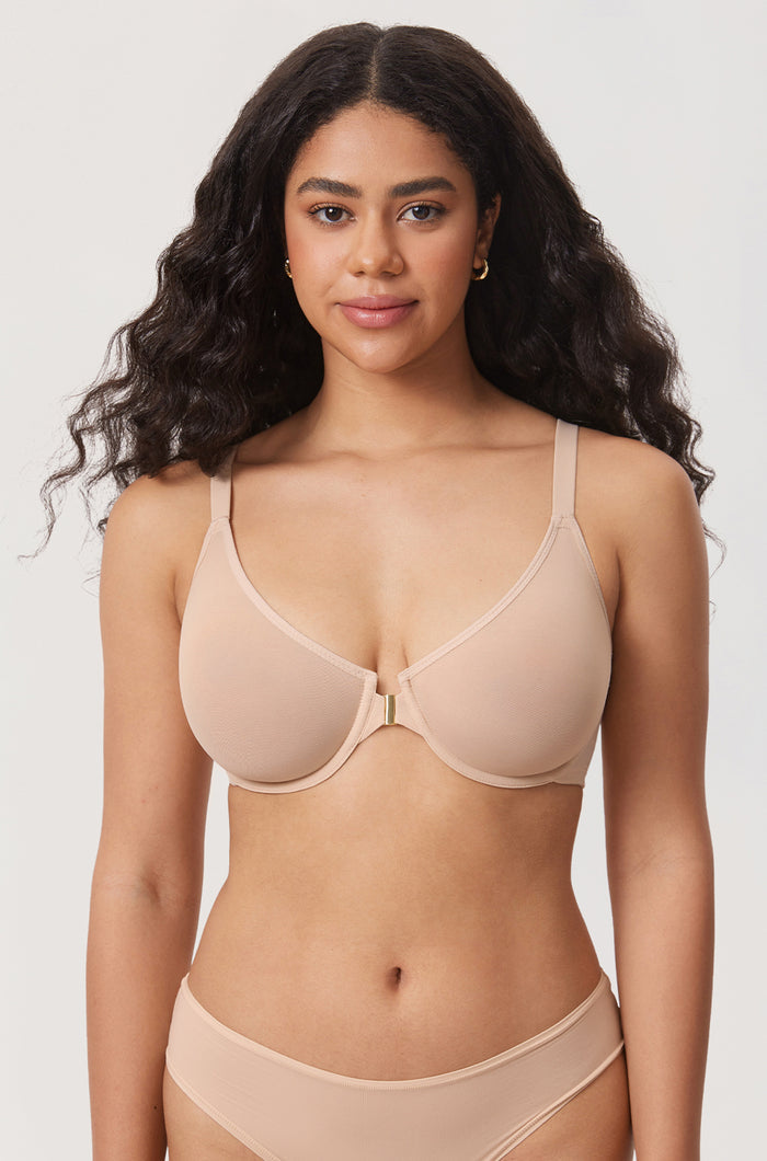 Women's Sheer Mesh Front Closure Posture Bra Beige