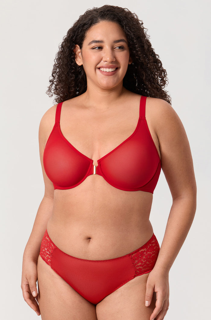Women's Sheer Mesh Front Closure Posture Bra Lipstick Red