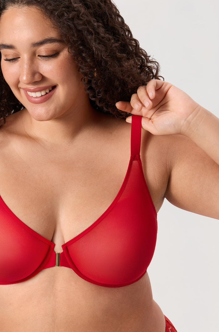 Women's Sheer Mesh Front Closure Posture Bra Lipstick Red