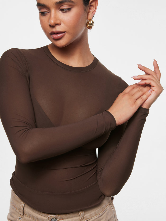 INLYRIC Women's Cosnufy® Mesh Sheer Long Sleeve Top Hazelnut
