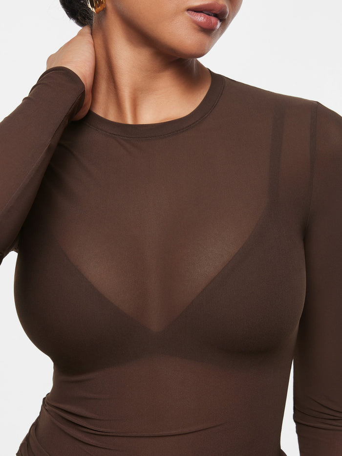 INLYRIC Women's Cosnufy® Mesh Sheer Long Sleeve Top Hazelnut