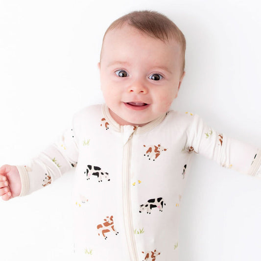 Cow print bamboo zippered baby footie pajama