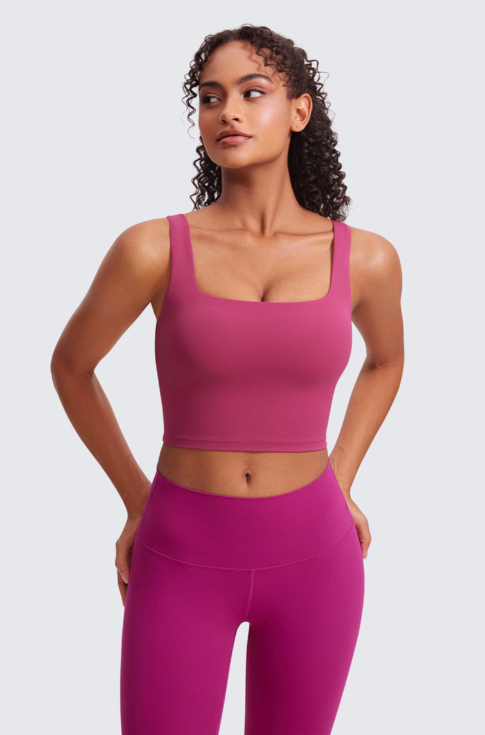 CRZ YOGA Women's Square Neck Longline Sports Bra Deep Red