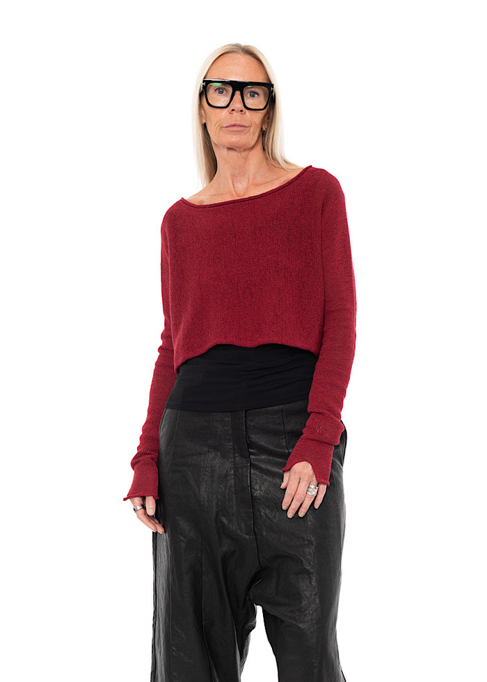 CROPPED LINEN-BLEND KNITTED PULLOVER