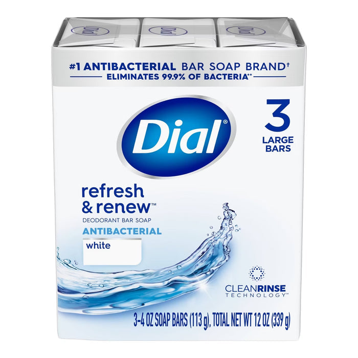 Dial Refresh & Renew White Antibacterial Deodorant Bar Soap 4 oz - 3 Ct - 12 Pack