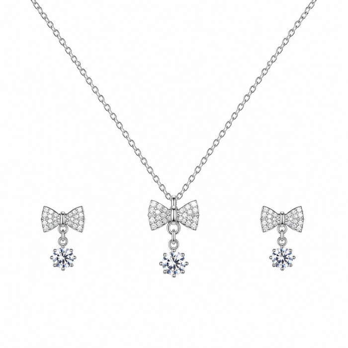 Elegant Bow Pendant Necklace Set for Women | Silver-Plated Crystal Jewelry Set with Earrings &amp; Ring
