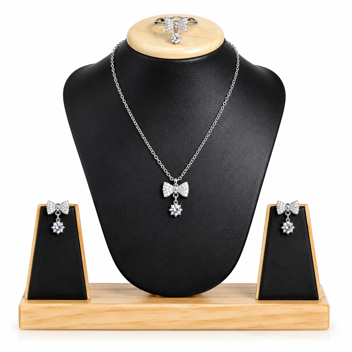 Elegant Bow Pendant Necklace Set for Women | Silver-Plated Crystal Jewelry Set with Earrings &amp; Ring