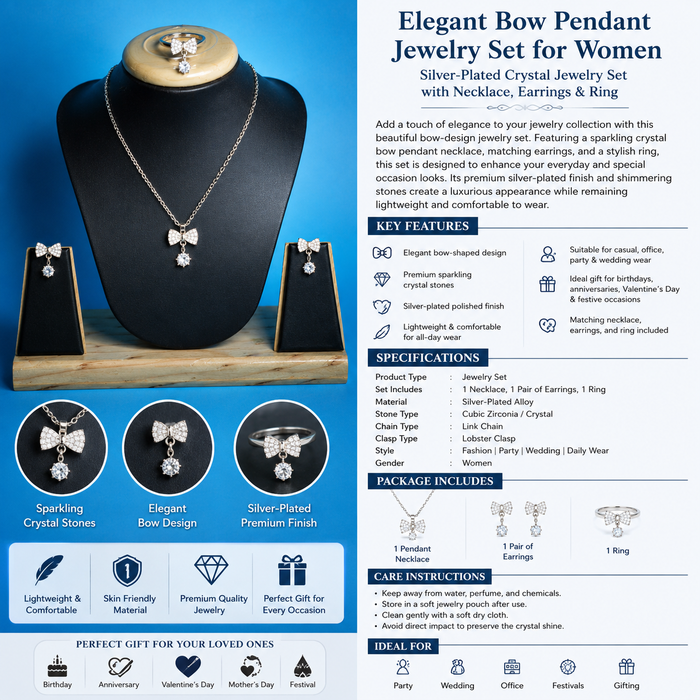 Elegant Bow Pendant Necklace Set for Women | Silver-Plated Crystal Jewelry Set with Earrings &amp; Ring