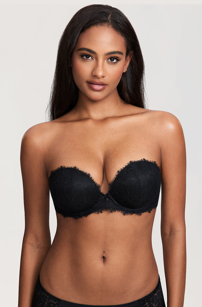 Women's Eyelash Lace Strapless Bra Black