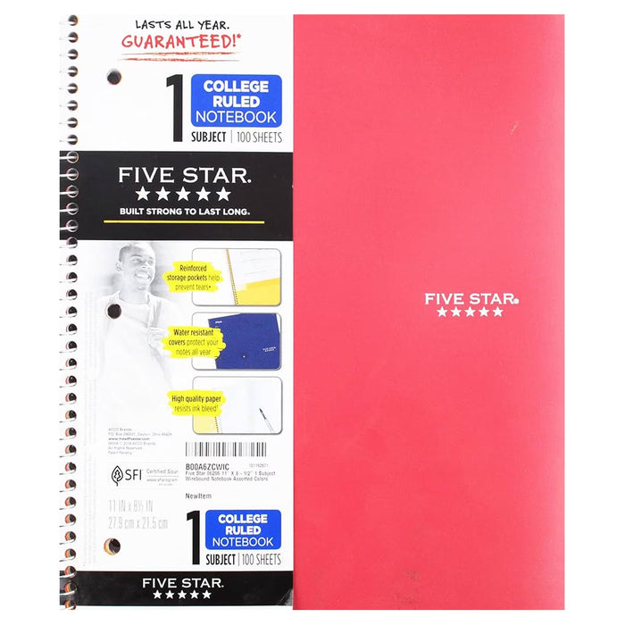 Five Star 1 Subject Spiral Notebook - 100 Sheets - 12 Pack